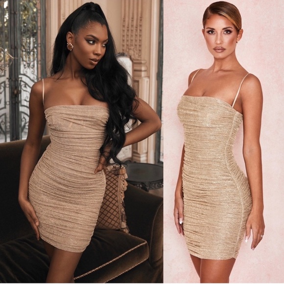 House of CB ELLA Metallic Gold Ruched Organza Mesh Mini Dress New With Tags! - Picture 6 of 14